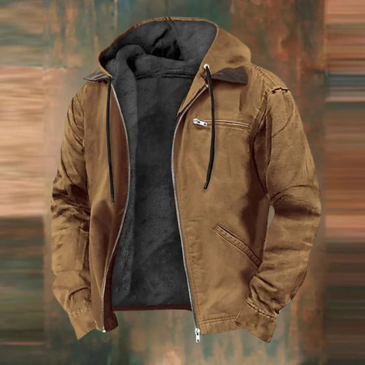 Tan-brown hooded jacket, unzipped to show the dark fleece lining, with zipped chest pocket, side pocket and drawcords. 1