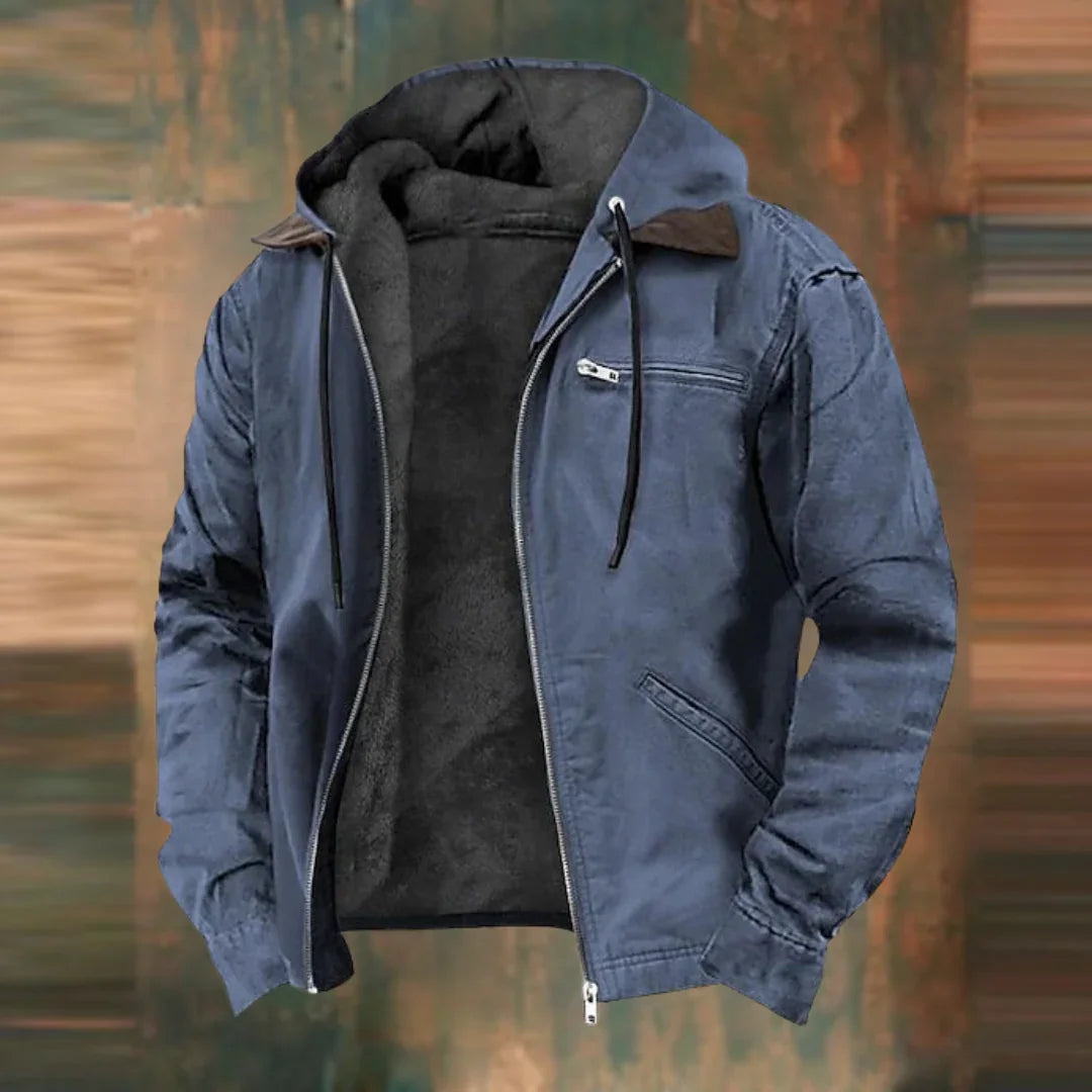 Blue-grey version of the hooded jacket, open at the front to reveal its dark fleece lining and zipped pockets. 2