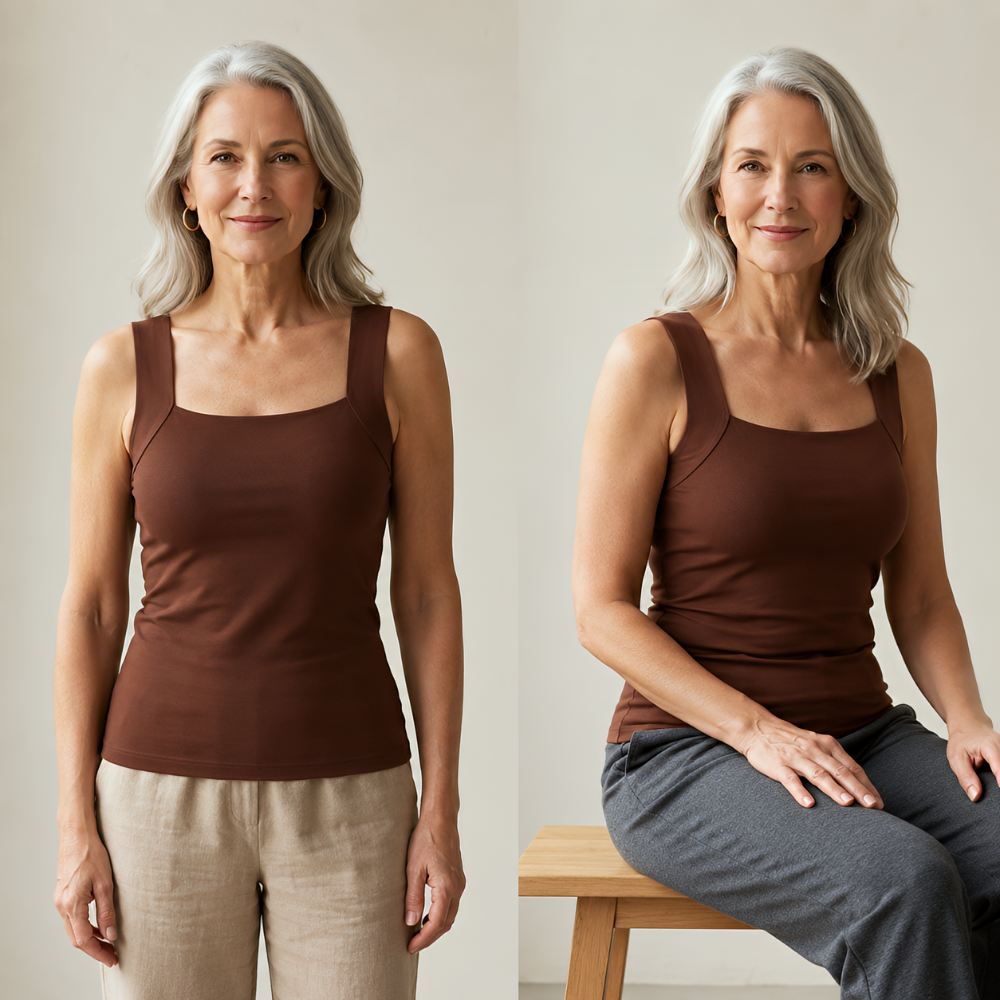 Brown tank worn two ways, standing in linen trousers and seated on a wooden stool 5