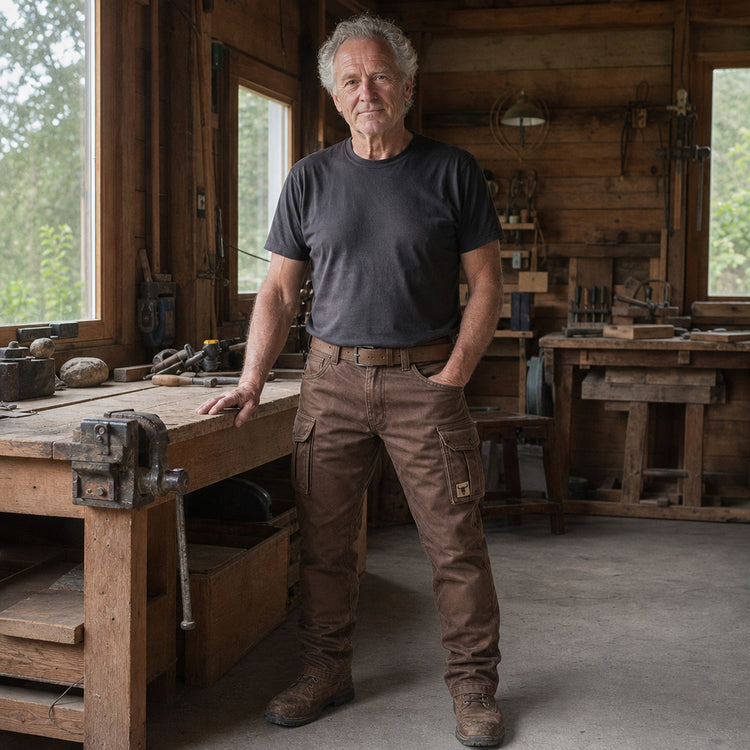 Man in brown cargo trousers and grey t-shirt standing in a rustic wooden workshop 4