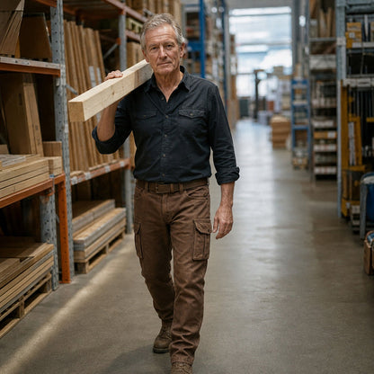 Older man in brown cargo trousers and dark shirt carrying a timber beam through a warehouse 3