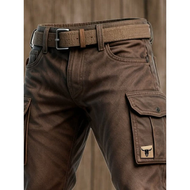 Close-up of the waist, belt and flap cargo pocket with small bull-head patch 5