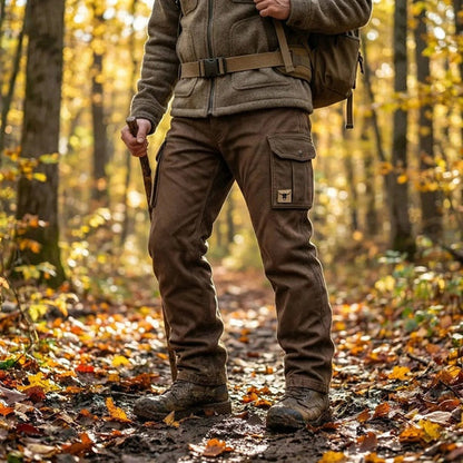 Man in brown cargo trousers, fleece jacket and boots hiking along an autumn woodland path 2