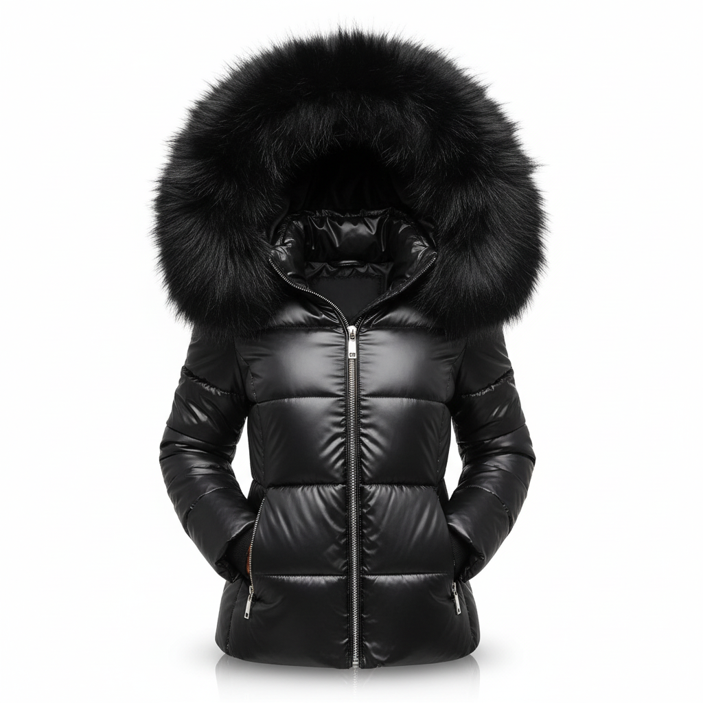 Glossy black quilted jacket with full black fur-trimmed hood and silver zips, shown front on against a white background. 4