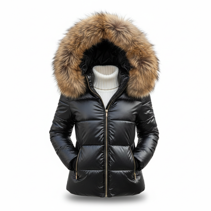 Glossy black quilted jacket with light brown fur-trimmed hood and gold zips, shown front on over a white roll-neck jumper. 6
