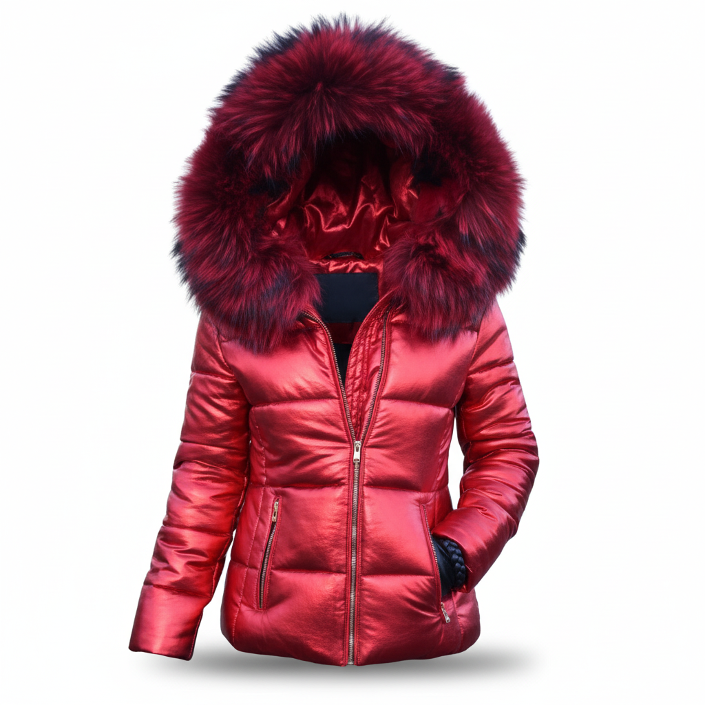 Metallic red quilted jacket with deep red fur-trimmed hood, silver zips and side zip pockets, shown front on. 9