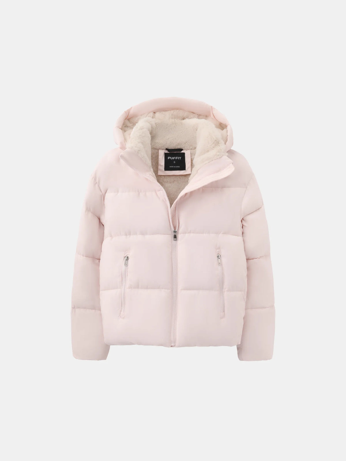 Pale pink puffer jacket laid flat with the hood up, showing the fleece lining and two zipped front pockets 9