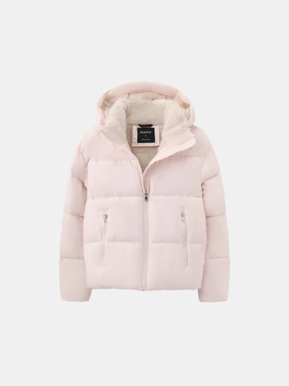 Pale pink puffer jacket laid flat with the hood up, showing the fleece lining and two zipped front pockets 9