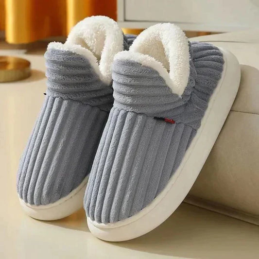 Pair of grey ribbed plush slippers with white fleece lining and thick cream sole 2