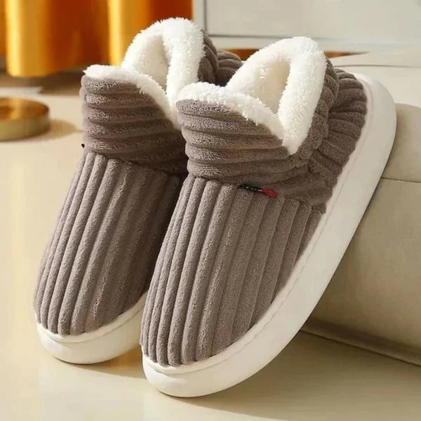 Pair of taupe-brown ribbed plush slippers with white fleece lining and thick cream sole 3