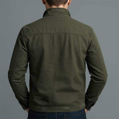 Back view of the olive green jacket, showing the yoke seam, stand collar and hem stitching 3