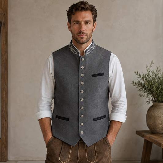 Front view of a man wearing the grey waistcoat over a white shirt with rolled sleeves, showing the stand collar trim and silver buttons. 1