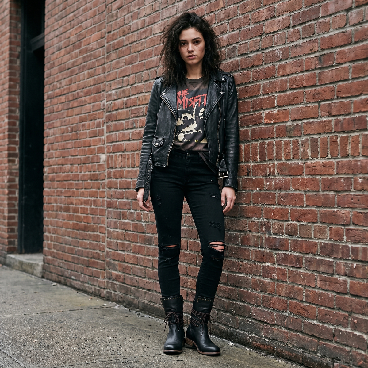 Model in black lace-up boots, ripped black jeans and a leather jacket, leaning against a red brick wall. 13