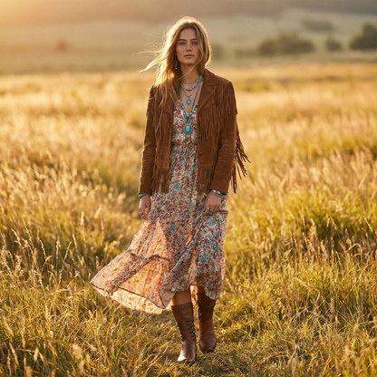 Woman in brown lace-up boots, a floral maxi dress and fringed suede jacket, walking through a golden field. 14