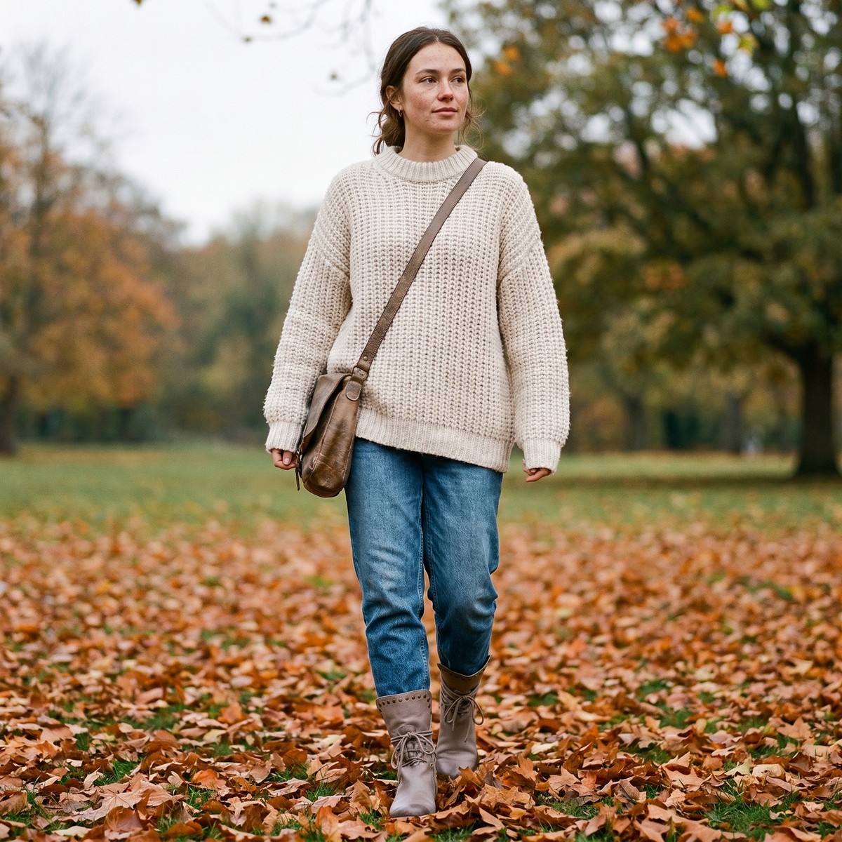Woman in grey lace-up boots, jeans and a cream knit jumper walking through autumn leaves in a park. 16