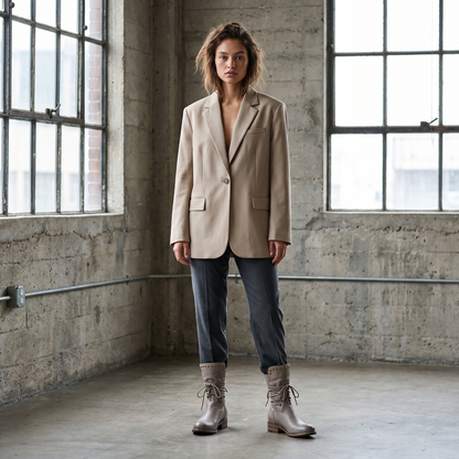 Model in grey lace-up boots, grey trousers and an oversized beige blazer, standing in a bare concrete room. 17