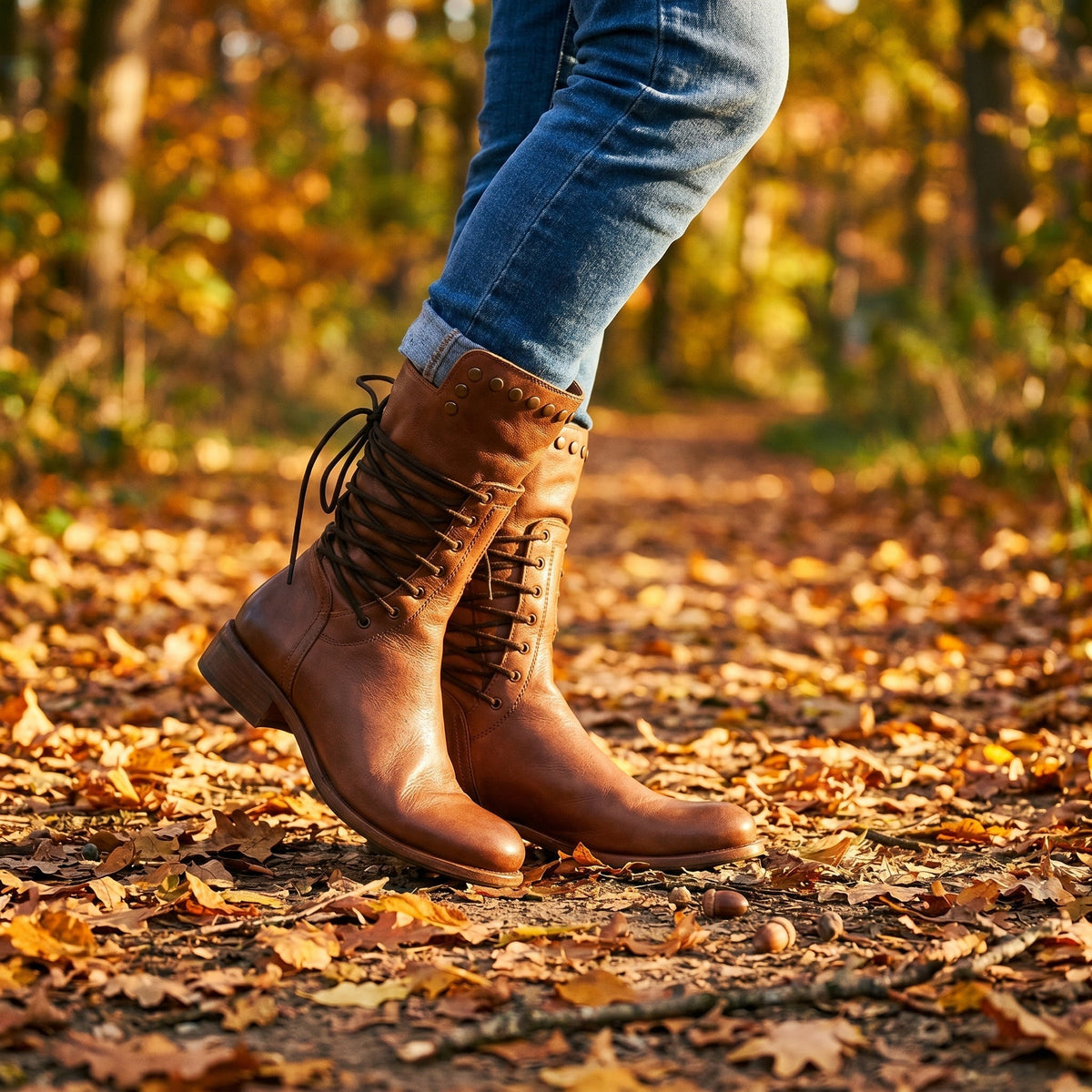 Tan brown lace-up boots with studded collars worn with rolled blue jeans on a leaf-covered woodland path. 20