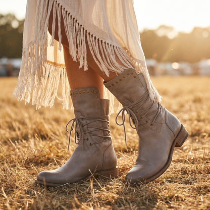 Model wearing grey studded lace-up mid-calf boots with a low heel, paired with a fringed cream skirt in a sunlit field. 21