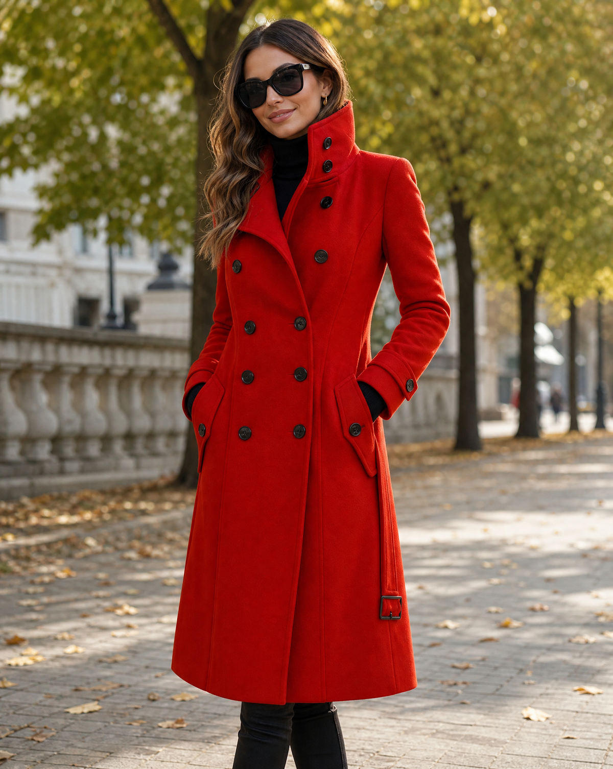 Model in a red double-breasted coat with high collar, hands in pockets, on a leafy autumn path 1