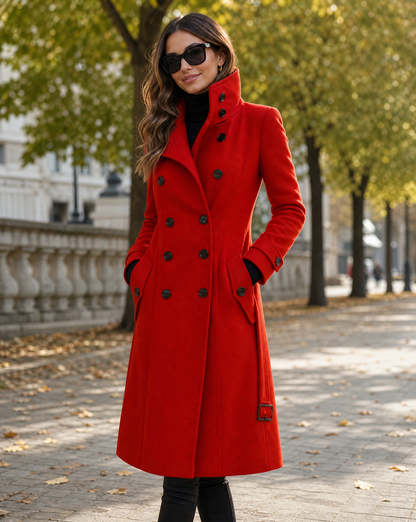 Model in a red double-breasted coat with high collar, hands in pockets, on a leafy autumn path 1