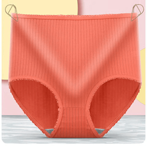 Bright coral ribbed high-waisted briefs with frilled trim, hung from two gold clips against a pink and yellow backdrop. 10