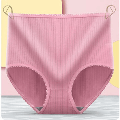 Dusky rose pink ribbed high-waisted briefs with frilled trim, hung from two gold clips against a pink and yellow backdrop. 11