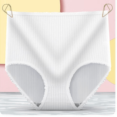 White ribbed high-waisted briefs with frilled trim, hung from two gold clips against a pink and yellow backdrop. 4