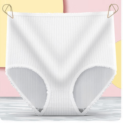 White ribbed high-waisted briefs with frilled trim, hung from two gold clips against a pink and yellow backdrop. 4
