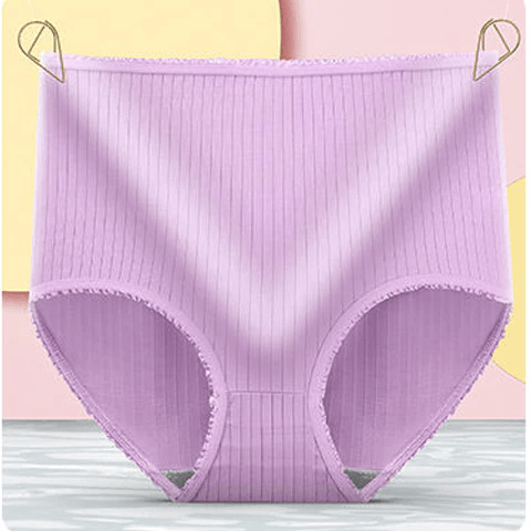 Lilac ribbed high-waisted briefs with frilled trim, hung from two gold clips against a pink and yellow backdrop. 5