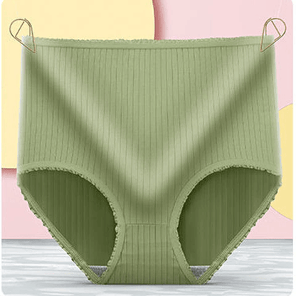 Olive green ribbed high-waisted briefs with frilled trim, hung from two gold clips against a pink and yellow backdrop. 6