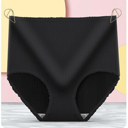Black ribbed high-waisted briefs with frilled trim, hung from two gold clips against a pink and yellow backdrop. 7