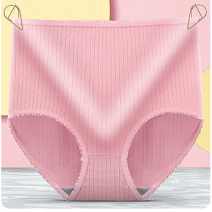 Light pink ribbed high-waisted briefs with frilled trim, hung from two gold clips against a pink and yellow backdrop. 8