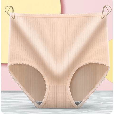 Pale beige ribbed high-waisted briefs with frilled trim, hung from two gold clips against a pink and yellow backdrop. 9