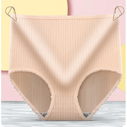 Pale beige ribbed high-waisted briefs with frilled trim, hung from two gold clips against a pink and yellow backdrop. 9