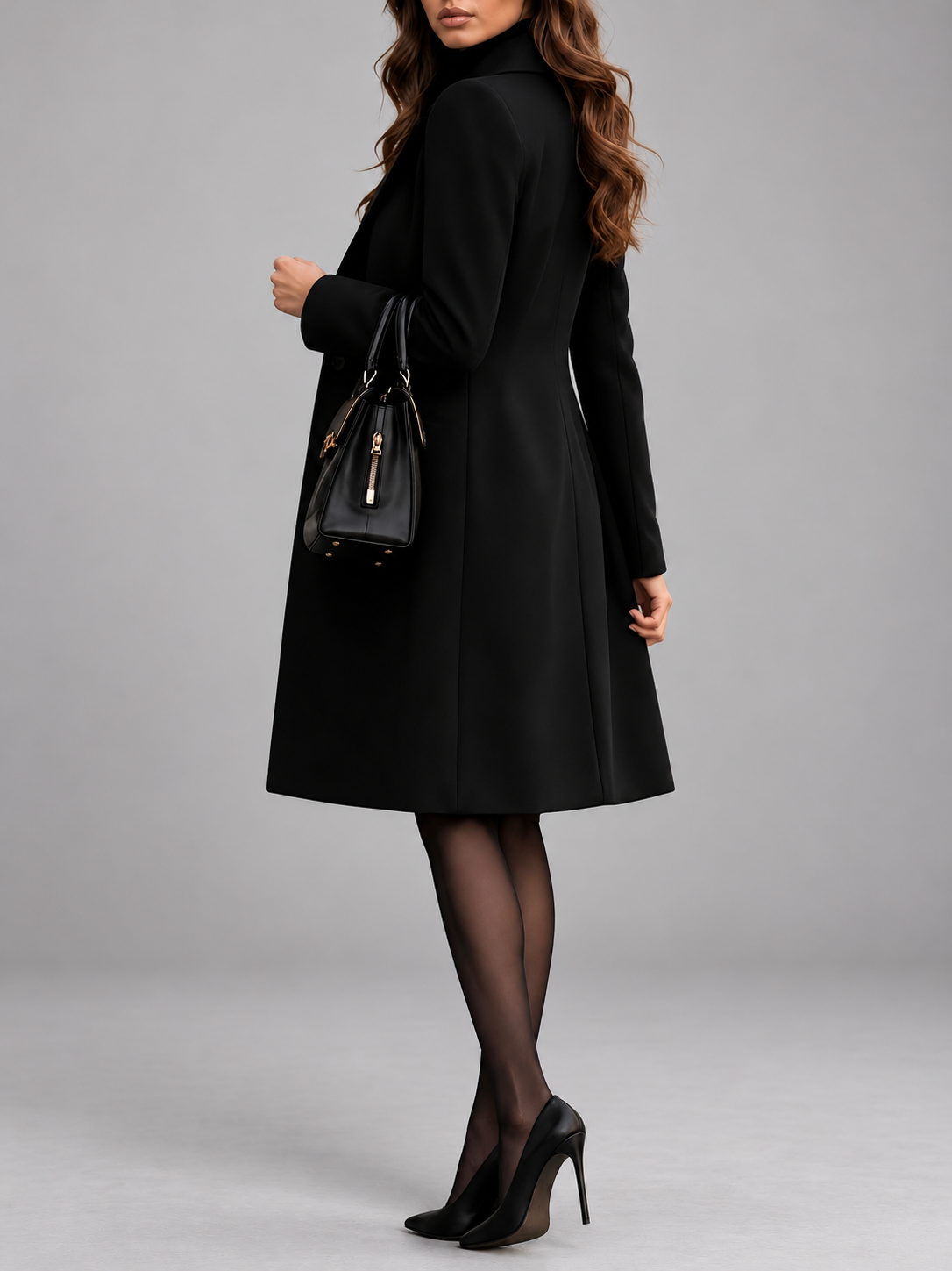Side-back view of the black coat showing its panelled seams and flared hem, worn with heels 2
