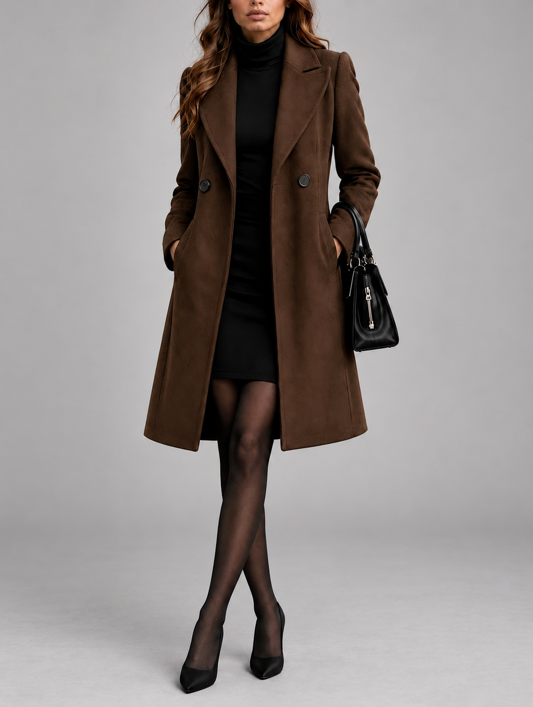 Full-length front view of the brown coat worn open, hands in pockets, with black tights 8