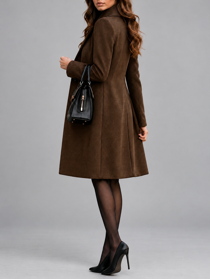 Side-back view of the brown coat showing its panelled seams and flared hem 10