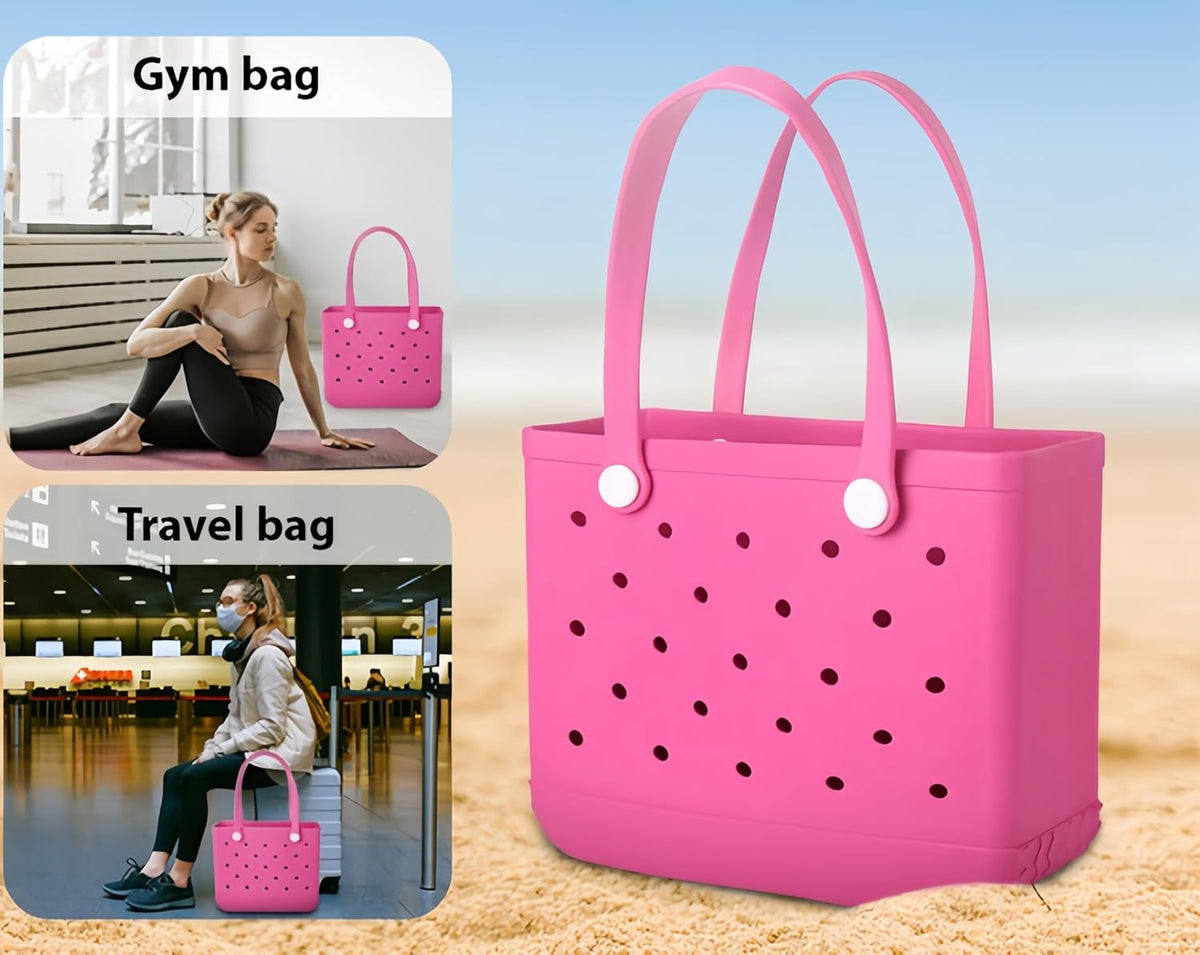 Pink tote on sand with two small inset photos of a woman doing yoga with it as a gym bag and at an airport as a travel bag. 10