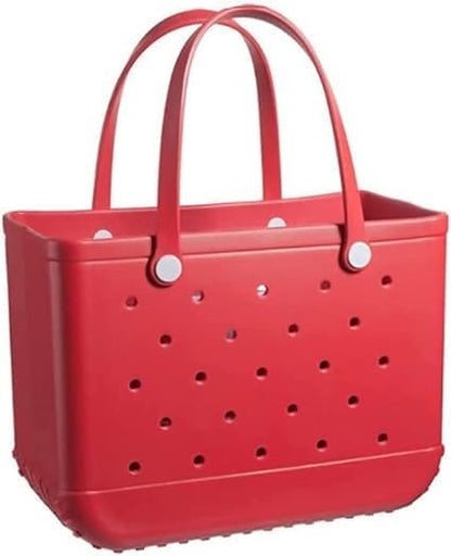 Red perforated tote with two upright handles fixed by white round buttons, shown against a plain background. 14