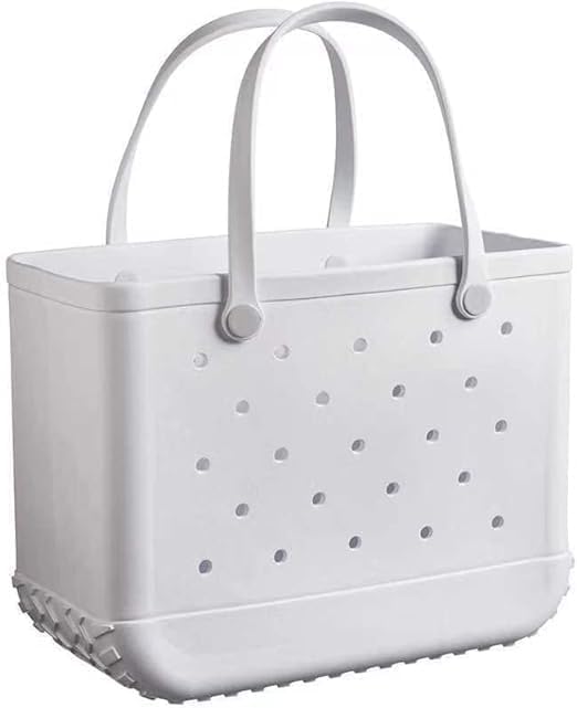 White perforated tote with two upright handles fixed by round buttons and a ridged base, shown against a plain background. 15