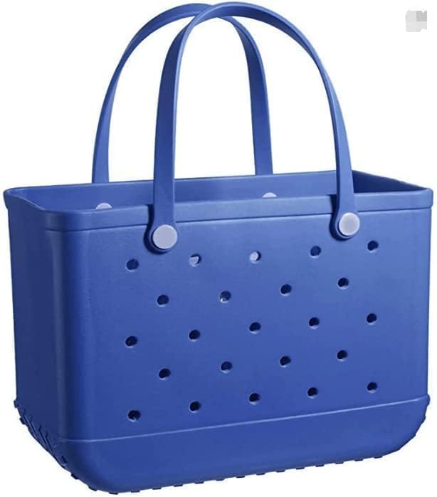 Royal blue perforated tote with two upright handles fixed by round buttons, shown against a plain background. 16