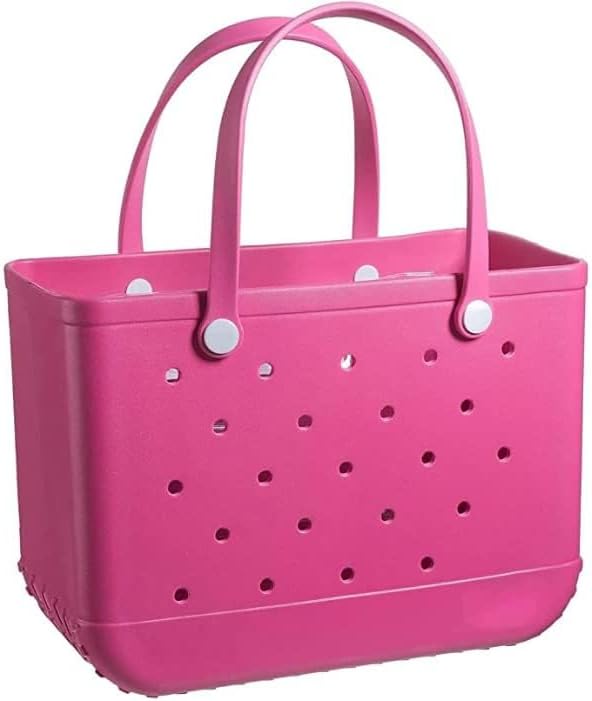 Hot pink perforated tote with two upright handles fixed by white round buttons, shown against a plain background. 17