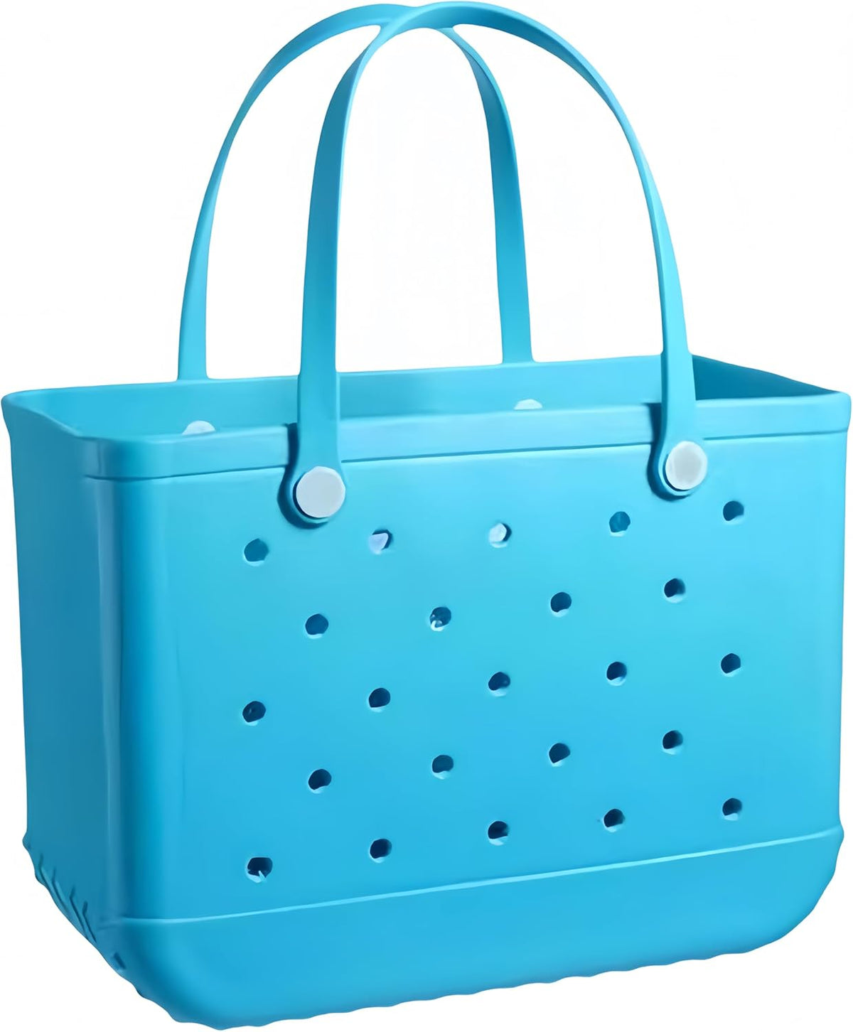 Bright turquoise perforated tote with two tall handles fixed by round buttons, shown against a plain white background. 18