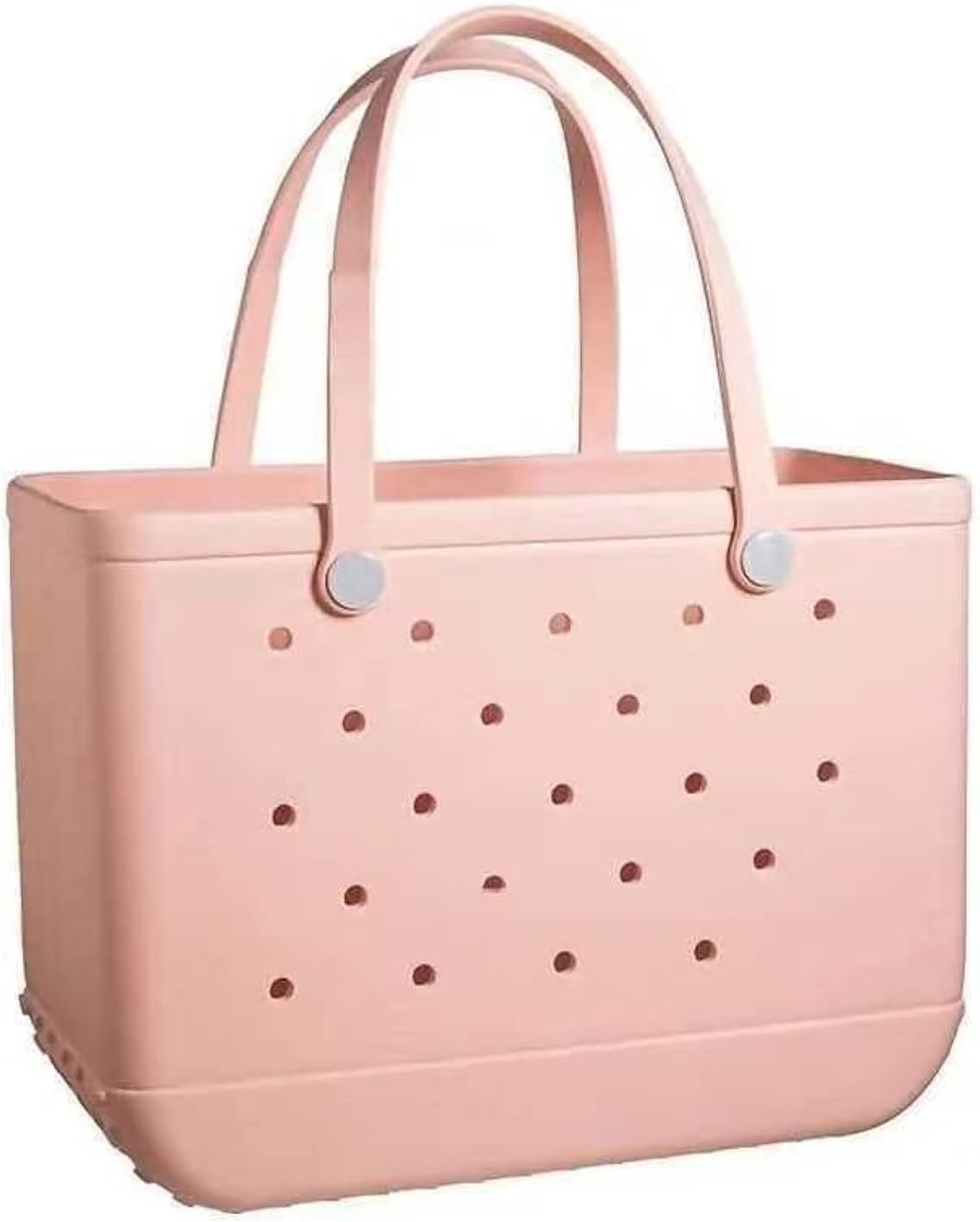 Soft peach-pink perforated tote with two tall handles fixed by round buttons, shown against a plain white background. 20