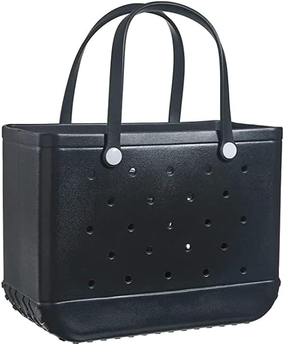Black perforated tote with two tall black handles fastened by round white buttons, shown front-on against a plain white background. 21