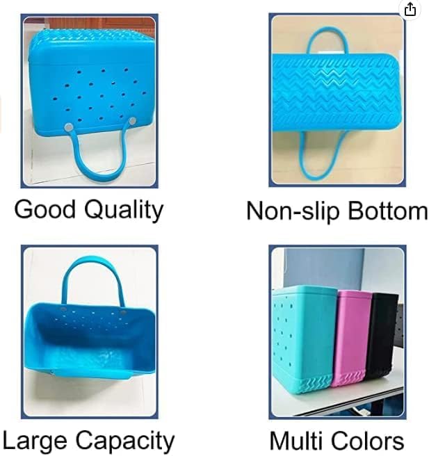 Four-panel collage of a blue tote showing its side, non-slip ridged base, roomy open interior and a row of colours. 3