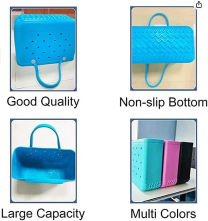 Four-panel collage of a blue tote showing its side, non-slip ridged base, roomy open interior and a row of colours. 3