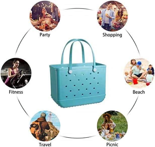 Teal tote at the centre of a circle of small photos showing uses: party, shopping, beach, picnic, travel and fitness. 4