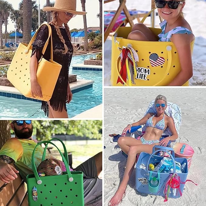 Four-photo collage of totes in use: yellow by the pool, yellow on a beach with charms, green and blue on a beach chair. 6