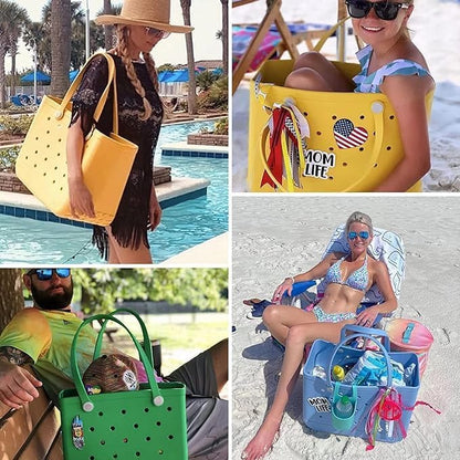 Four-photo collage of totes in use: yellow by the pool, yellow on a beach with charms, green and blue on a beach chair. 6